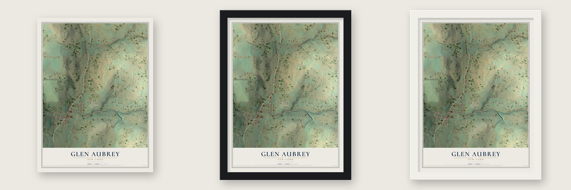 Glen Aubrey, New York map unframed, in a black wood frame and in a white wood frame