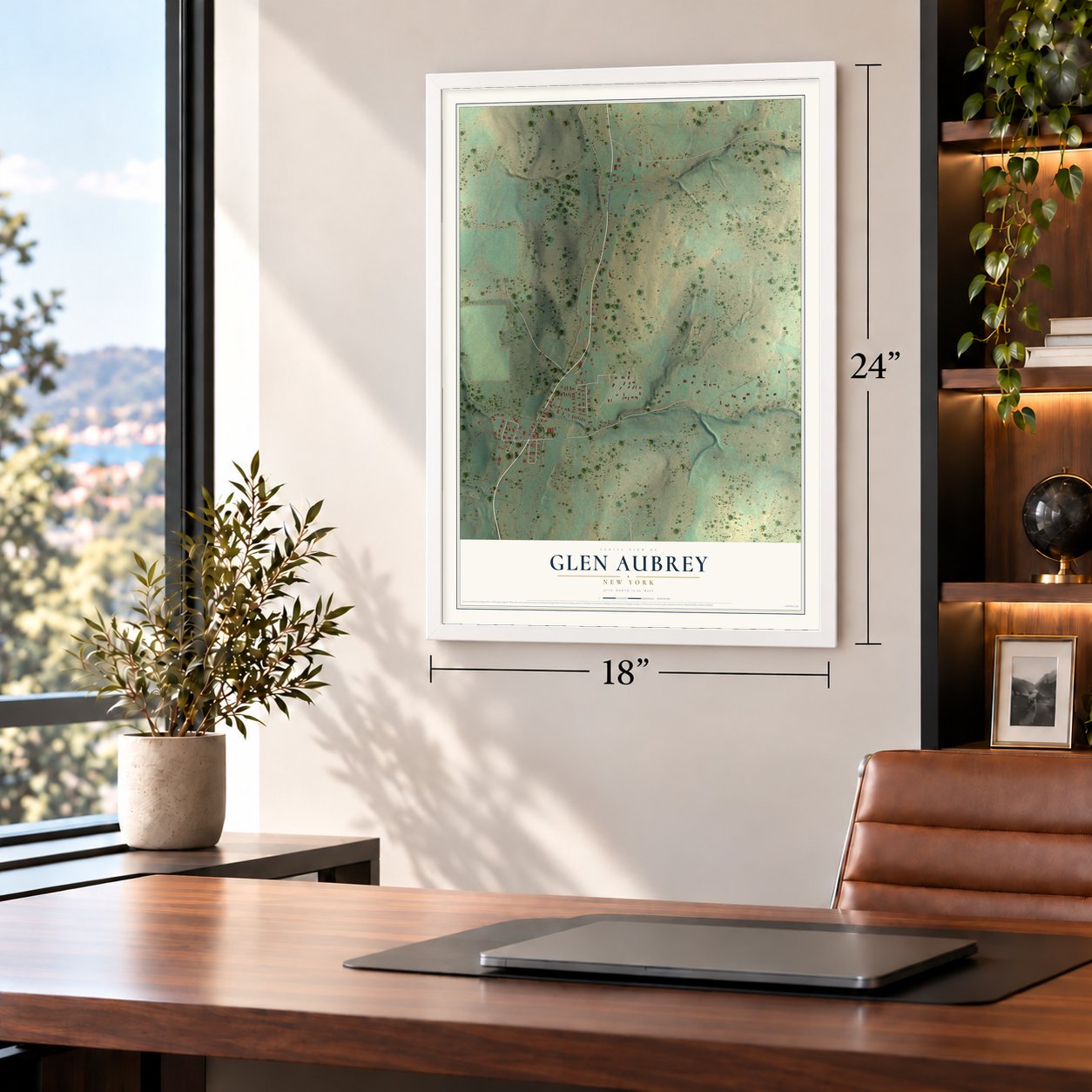 Glen Aubrey, New York map, 18 x 24 inch print in a white frame in a home office