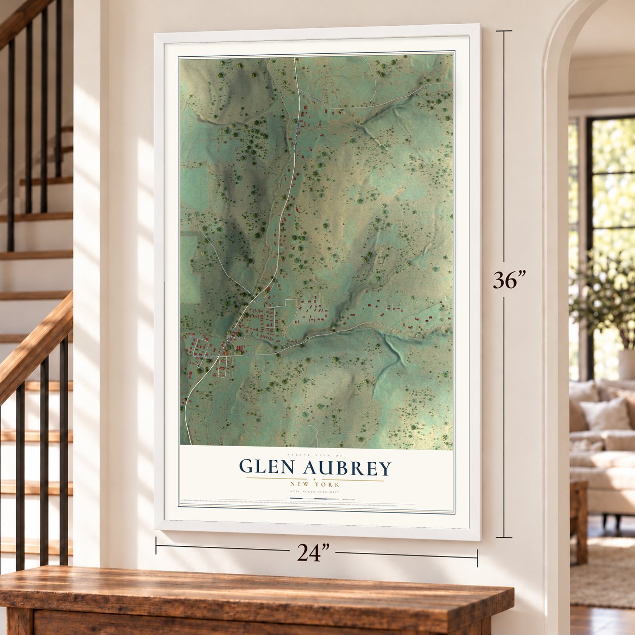 Glen Aubrey, New York map, 24 x 36 inch print in a white frame by a staircase