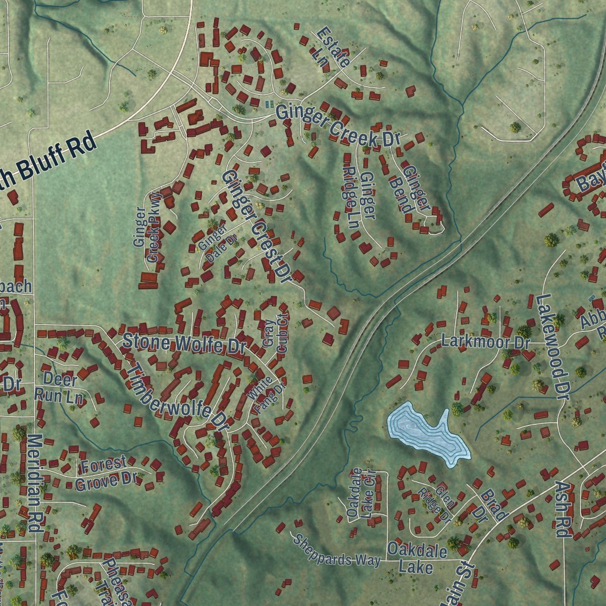 Second close-up of the map of Glen Carbon, Illinois print showing more streets and buildings