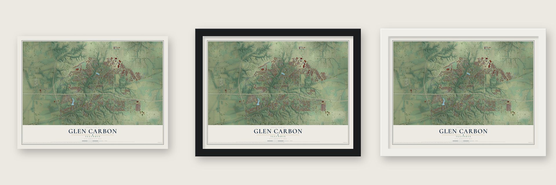 Glen Carbon, Illinois map unframed, in a black wood frame and in a white wood frame