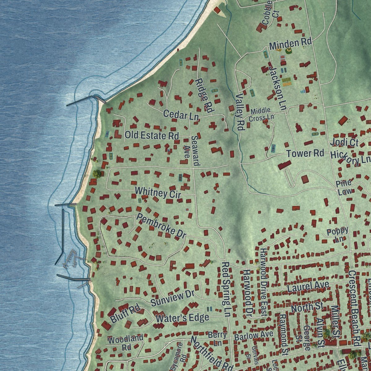 Second close-up of the map of Glen Cove, New York print showing more streets and buildings