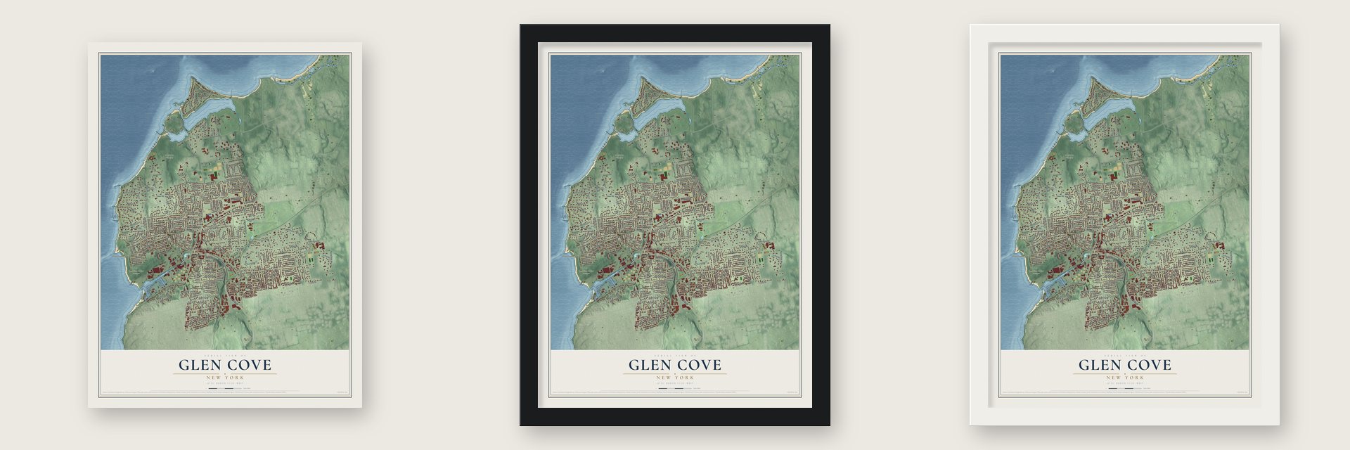 Glen Cove, New York map unframed, in a black wood frame and in a white wood frame