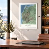 Glen Cove, New York map, 18 x 24 inch print in a white frame in a home office