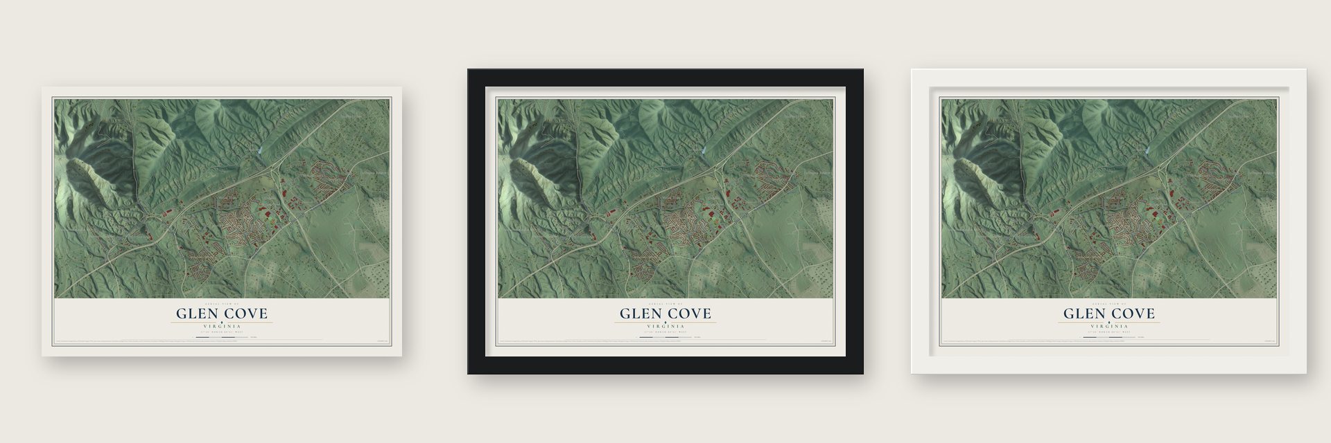 Glen Cove, Virginia map unframed, in a black wood frame and in a white wood frame