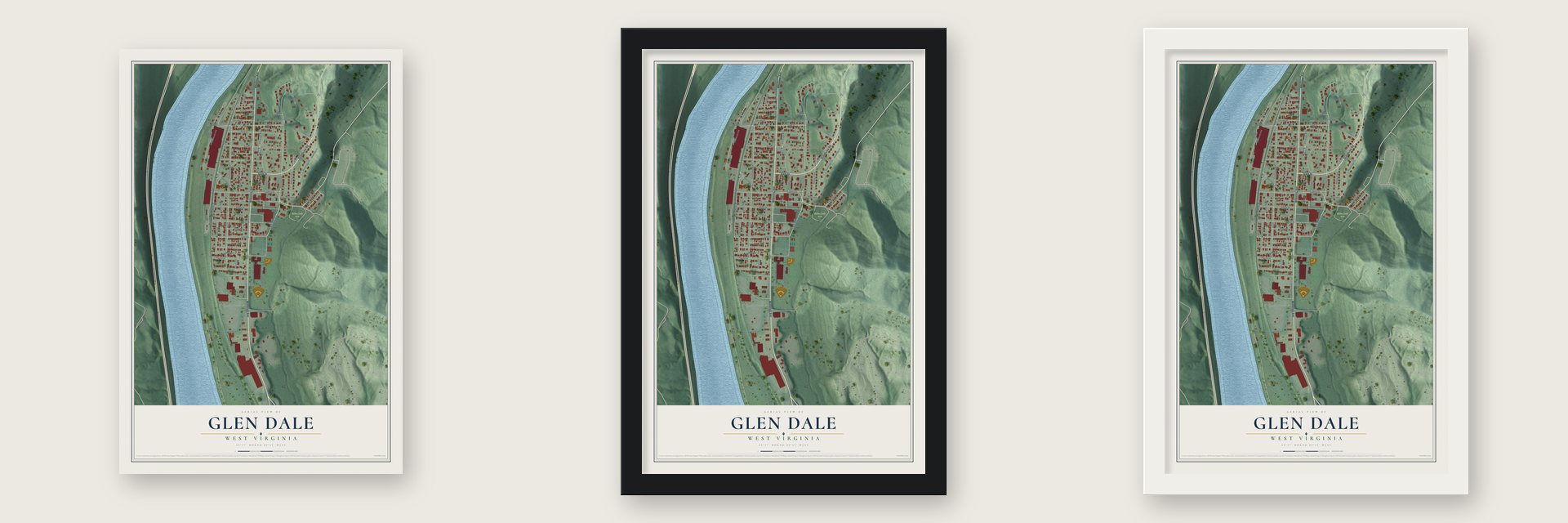 Glen Dale, West Virginia map unframed, in a black wood frame and in a white wood frame