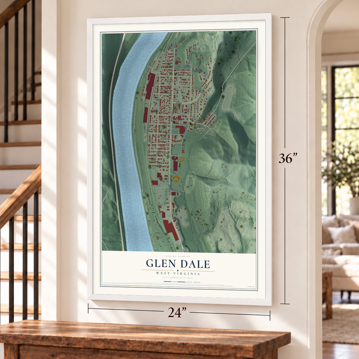 Glen Dale, West Virginia map, 24 x 36 inch print in a white frame by a staircase