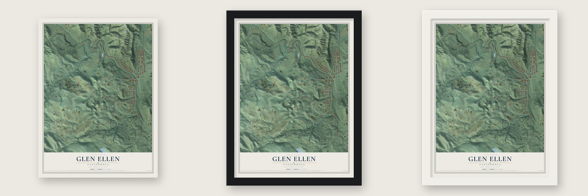 Glen Ellen, California map unframed, in a black wood frame and in a white wood frame