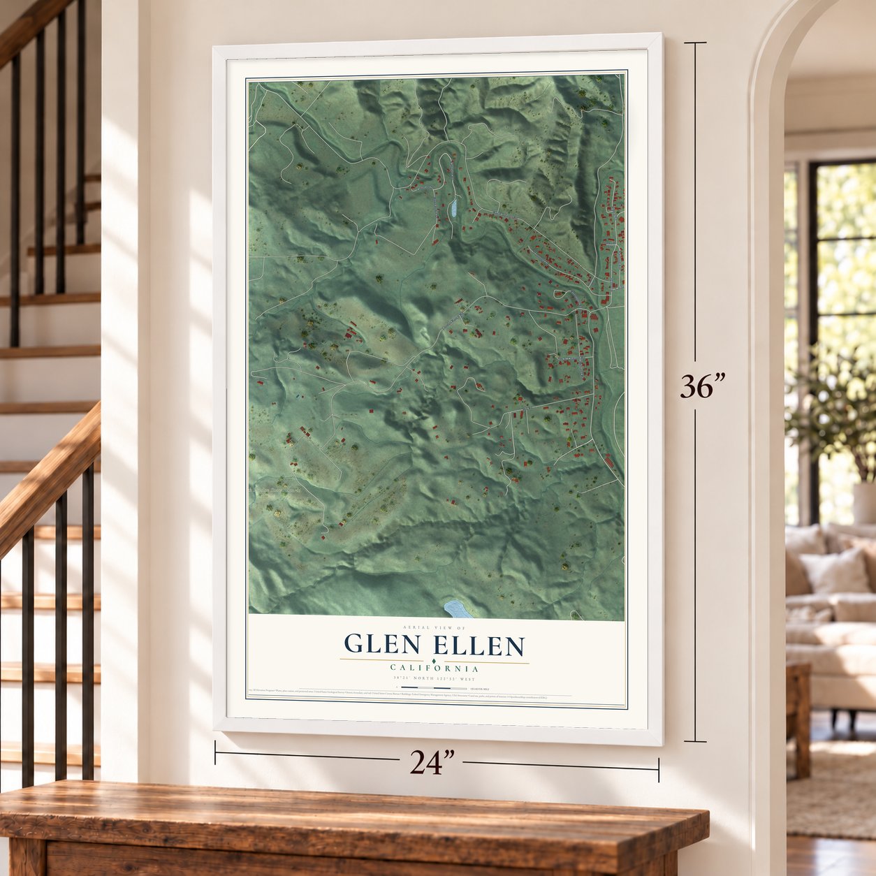 Glen Ellen, California map, 24 x 36 inch print in a white frame by a staircase