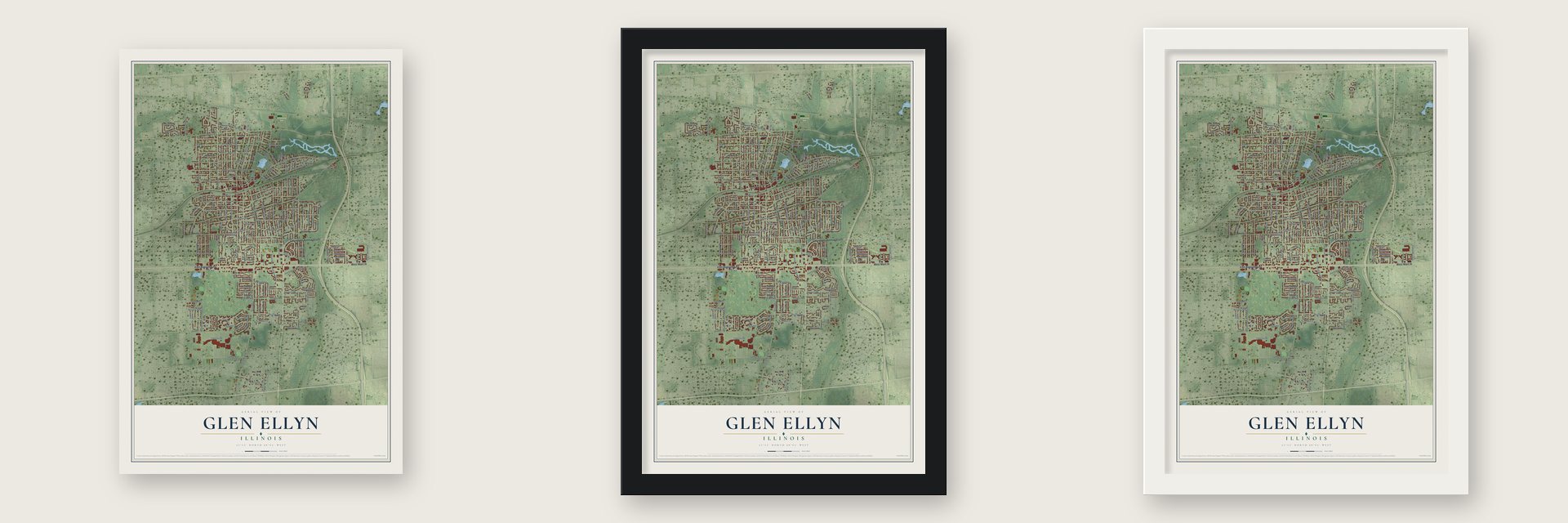 Glen Ellyn, Illinois map unframed, in a black wood frame and in a white wood frame