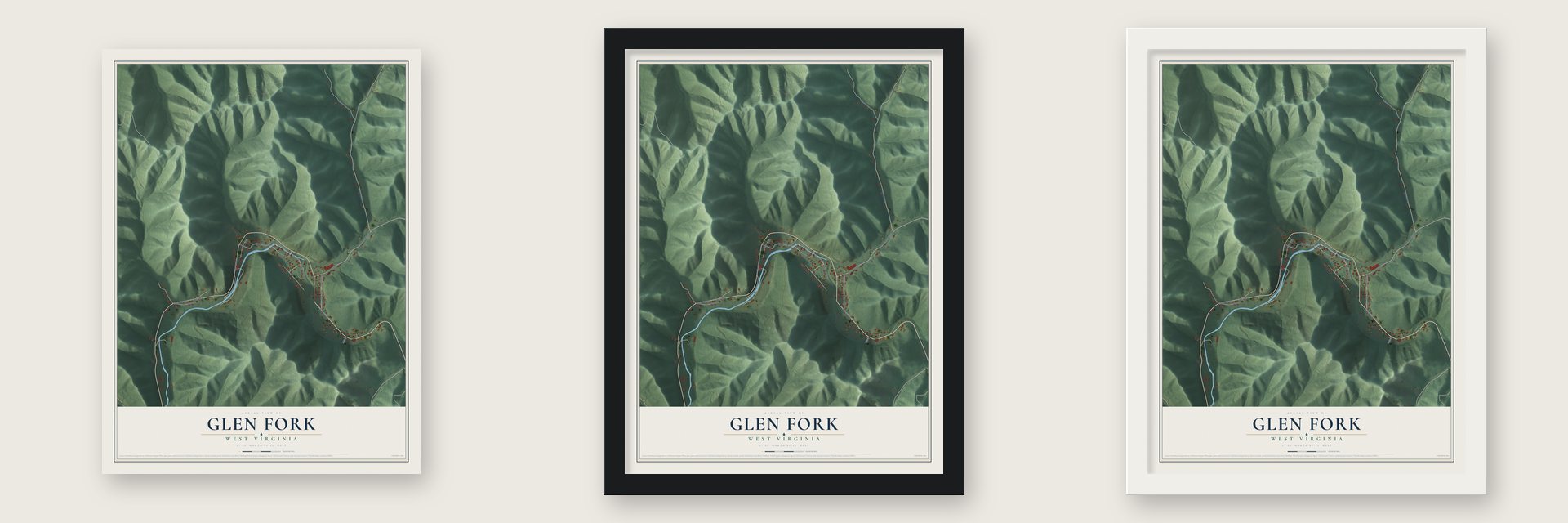 Glen Fork, West Virginia map unframed, in a black wood frame and in a white wood frame