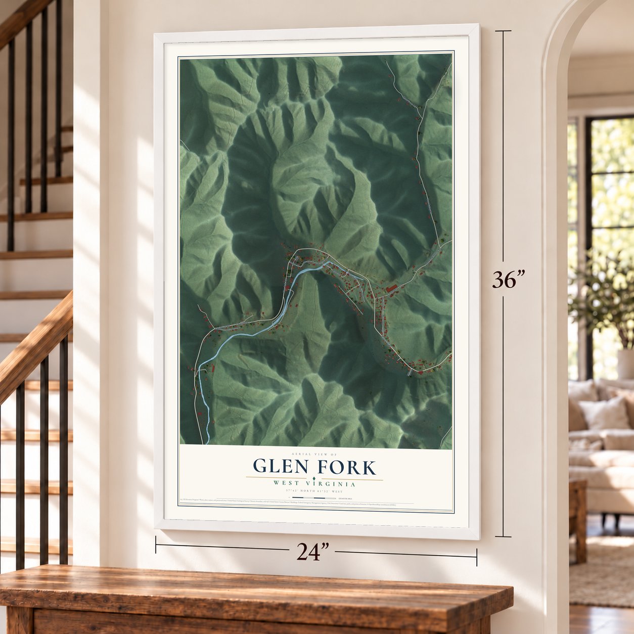 Glen Fork, West Virginia map, 24 x 36 inch print in a white frame by a staircase
