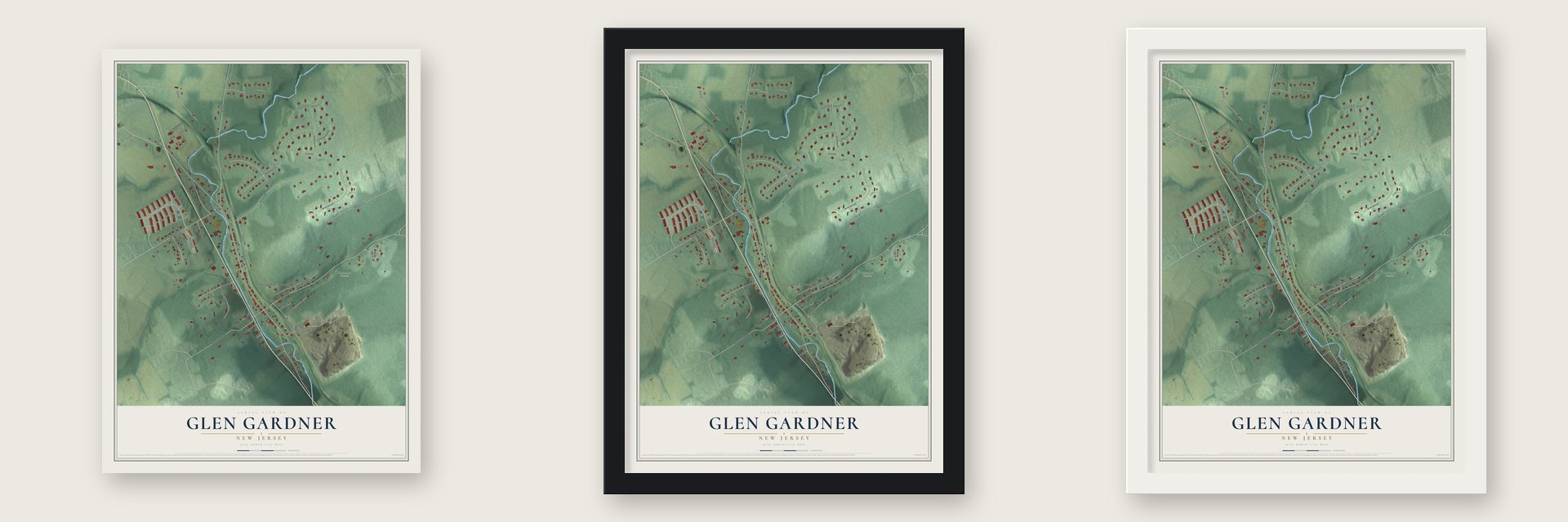 Glen Gardner, New Jersey map unframed, in a black wood frame and in a white wood frame