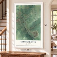 Glen Gardner, New Jersey map, 24 x 36 inch print in a white frame by a staircase