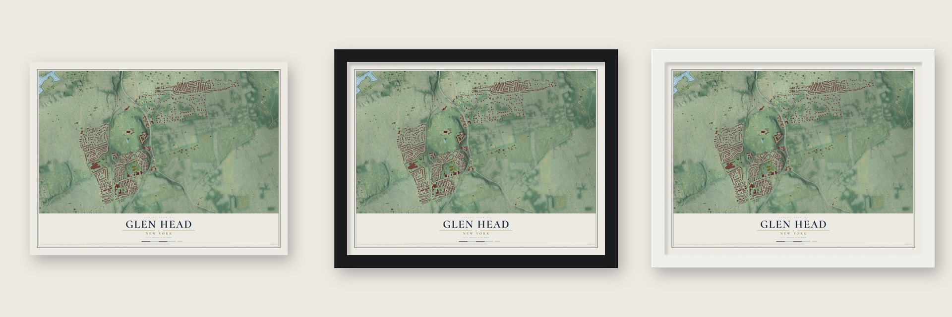 Glen Head, New York map unframed, in a black wood frame and in a white wood frame