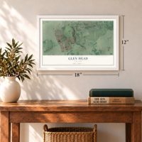 Glen Head, New York map, 12 x 18 inch print in a white frame in an entryway