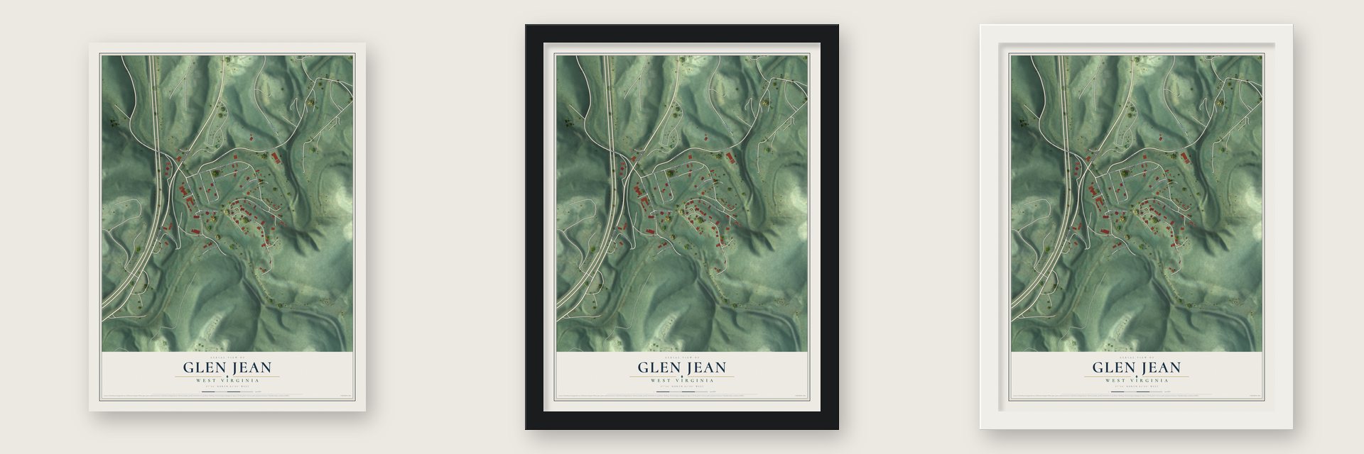 Glen Jean, West Virginia map unframed, in a black wood frame and in a white wood frame