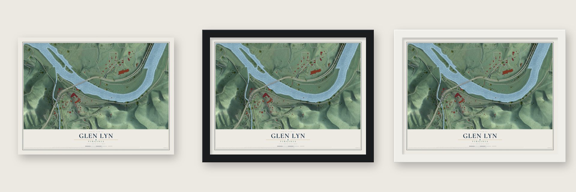 Glen Lyn, Virginia map unframed, in a black wood frame and in a white wood frame