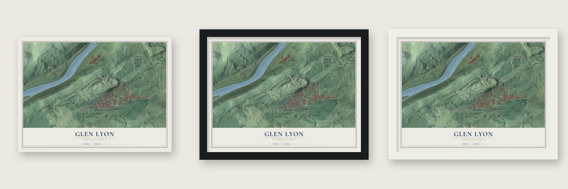 Glen Lyon, Pennsylvania map unframed, in a black wood frame and in a white wood frame