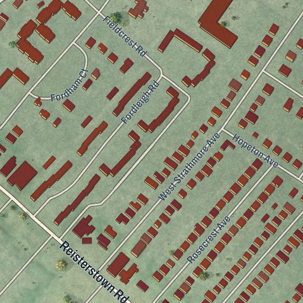 Second close-up of the map of Glen, Maryland print showing more streets and buildings