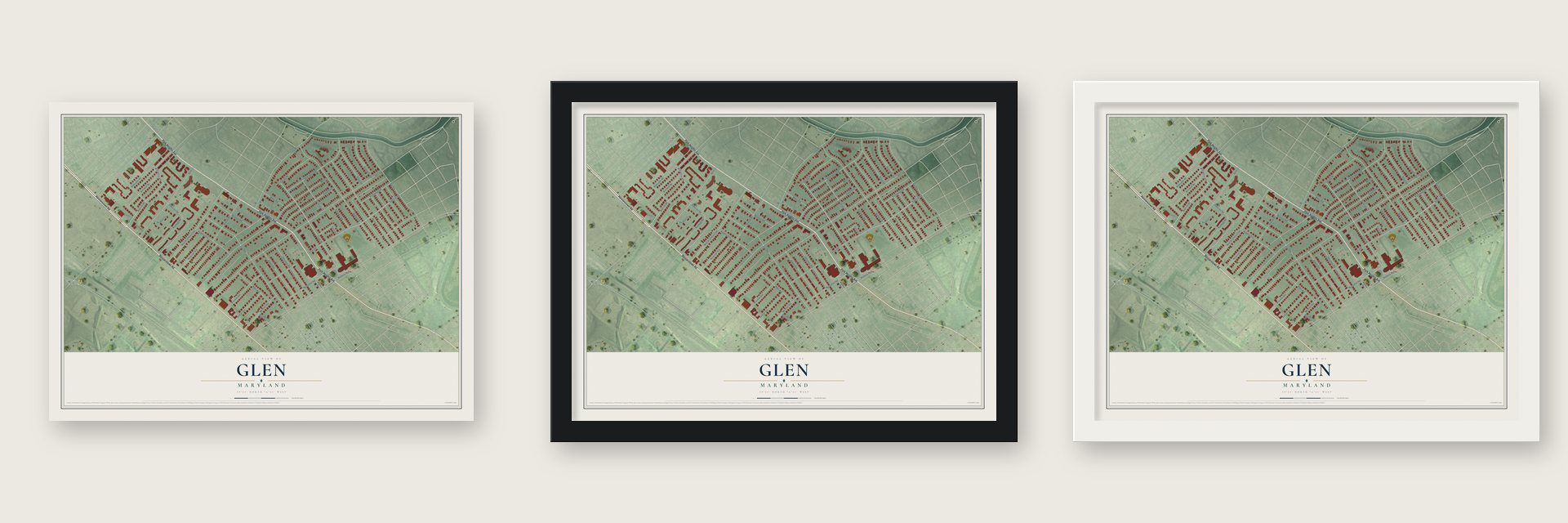 Glen, Maryland map unframed, in a black wood frame and in a white wood frame