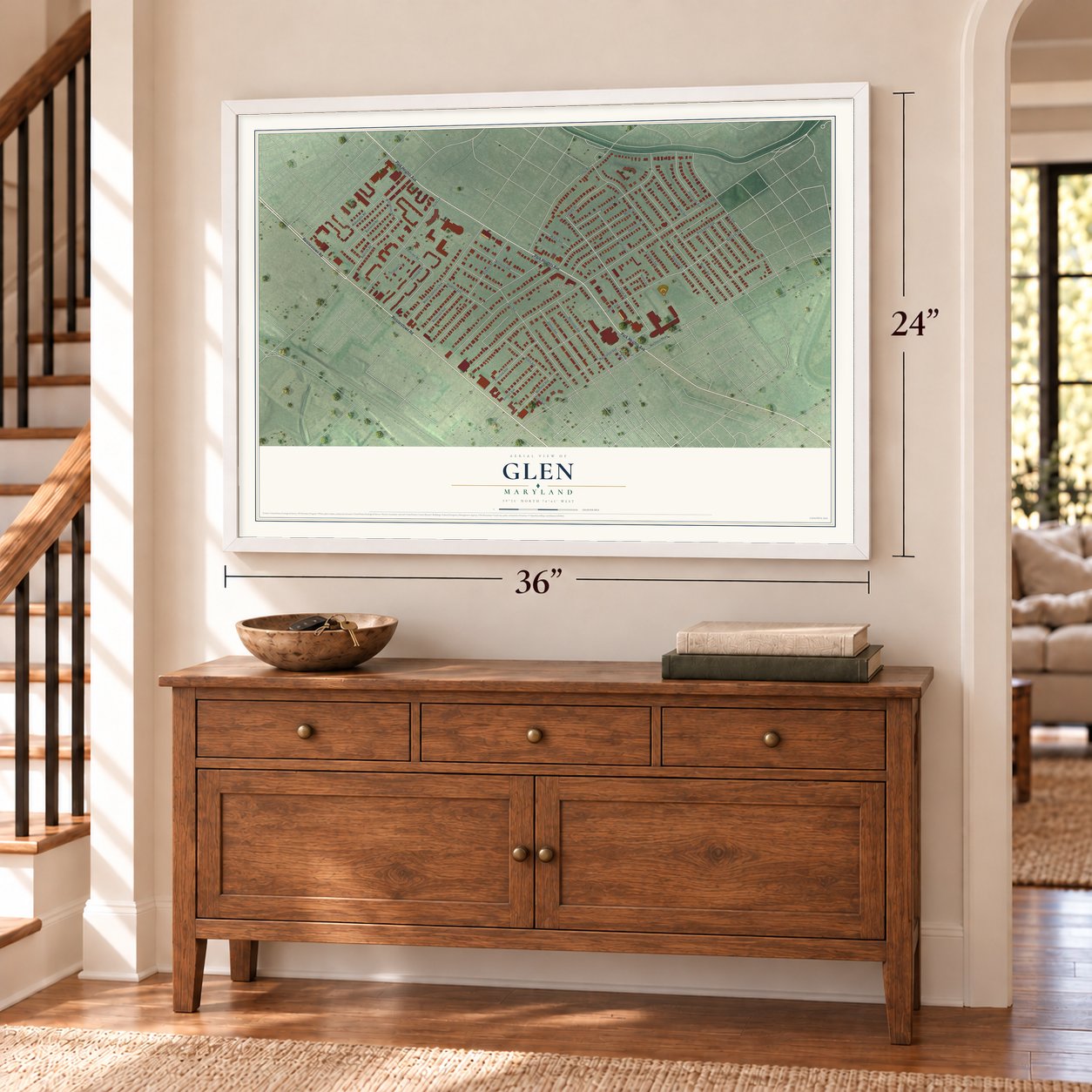 Glen, Maryland map, 24 x 36 inch print in a white frame above a dresser by a staircase
