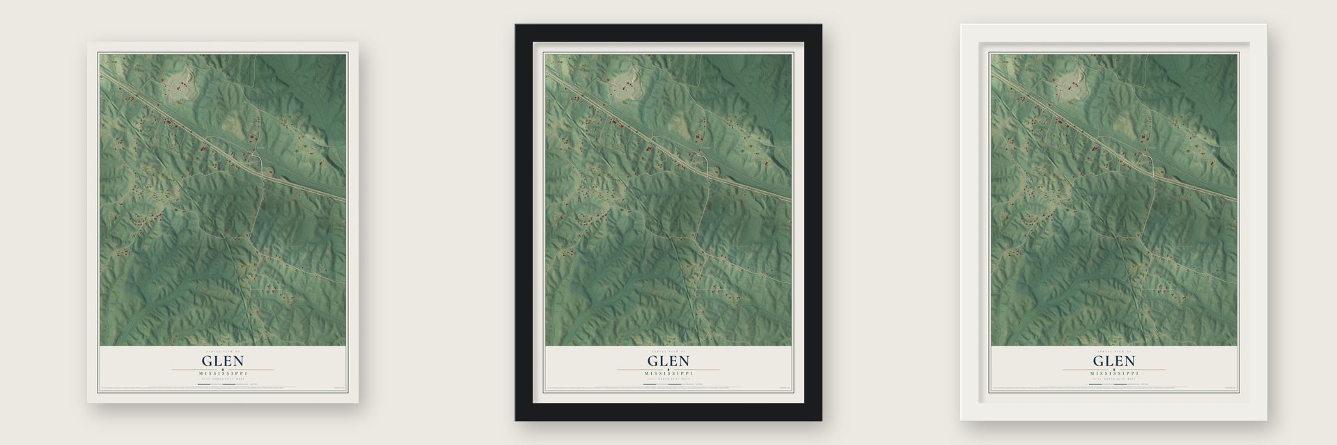 Glen, Mississippi map unframed, in a black wood frame and in a white wood frame