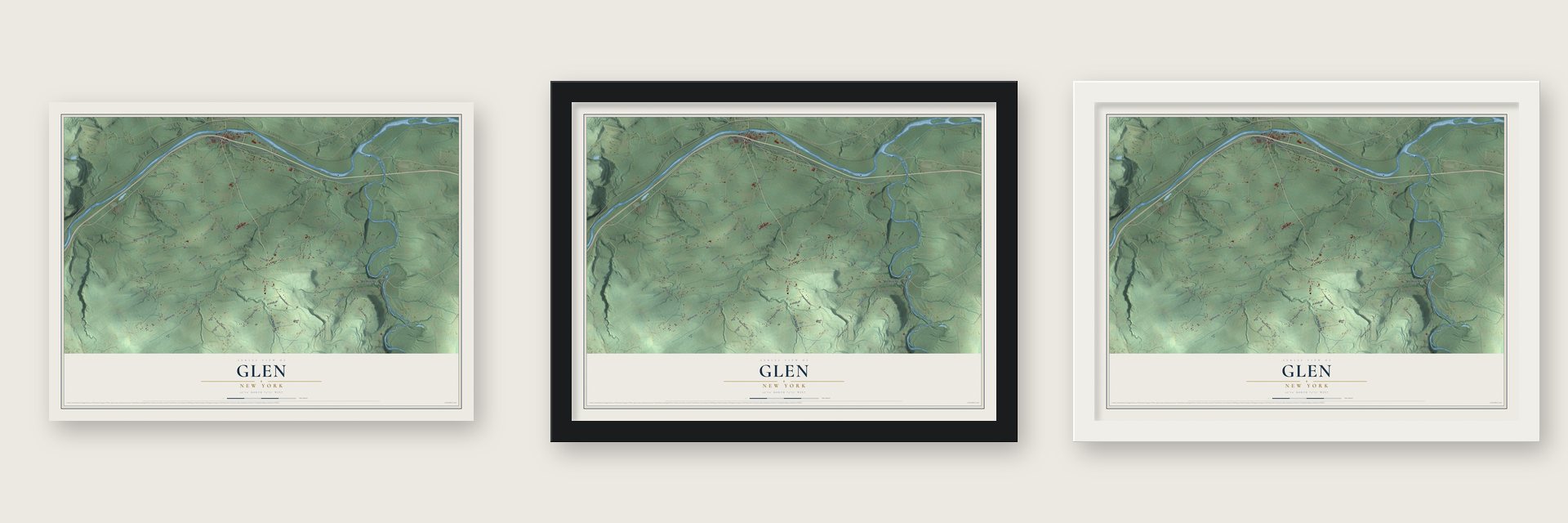 Glen, New York map unframed, in a black wood frame and in a white wood frame