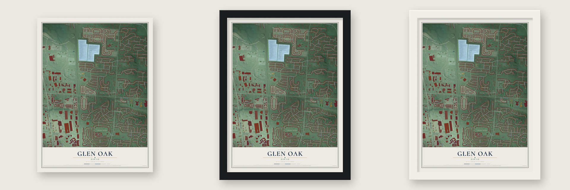 Glen Oak, Ohio map unframed, in a black wood frame and in a white wood frame