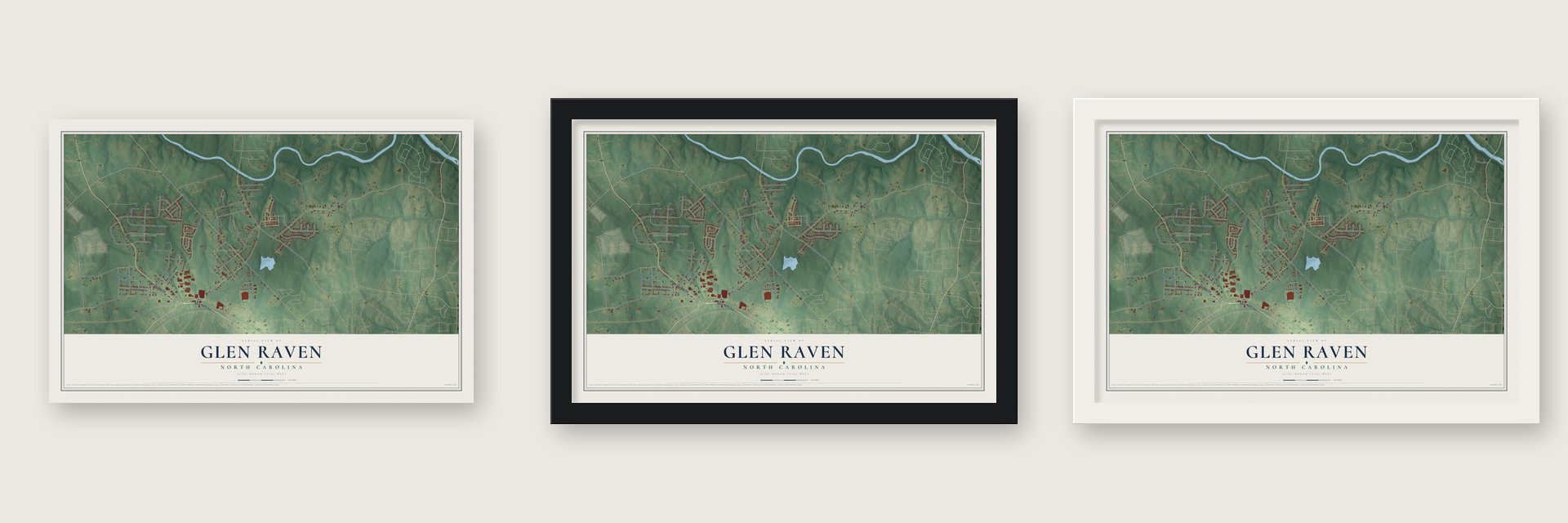 Glen Raven, North Carolina map unframed, in a black wood frame and in a white wood frame