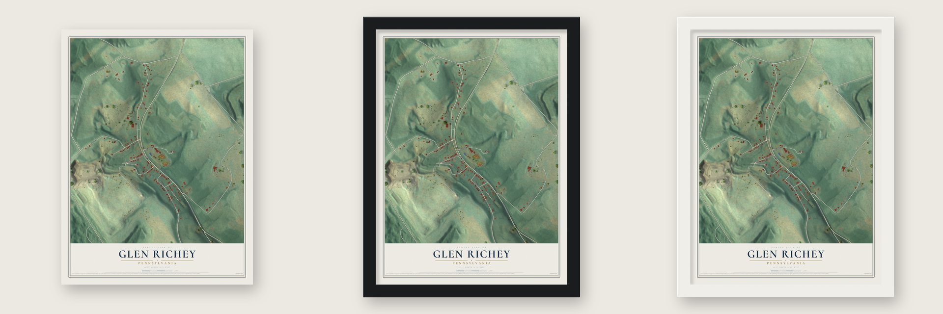 Glen Richey, Pennsylvania map unframed, in a black wood frame and in a white wood frame