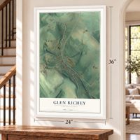 Glen Richey, Pennsylvania map, 24 x 36 inch print in a white frame by a staircase
