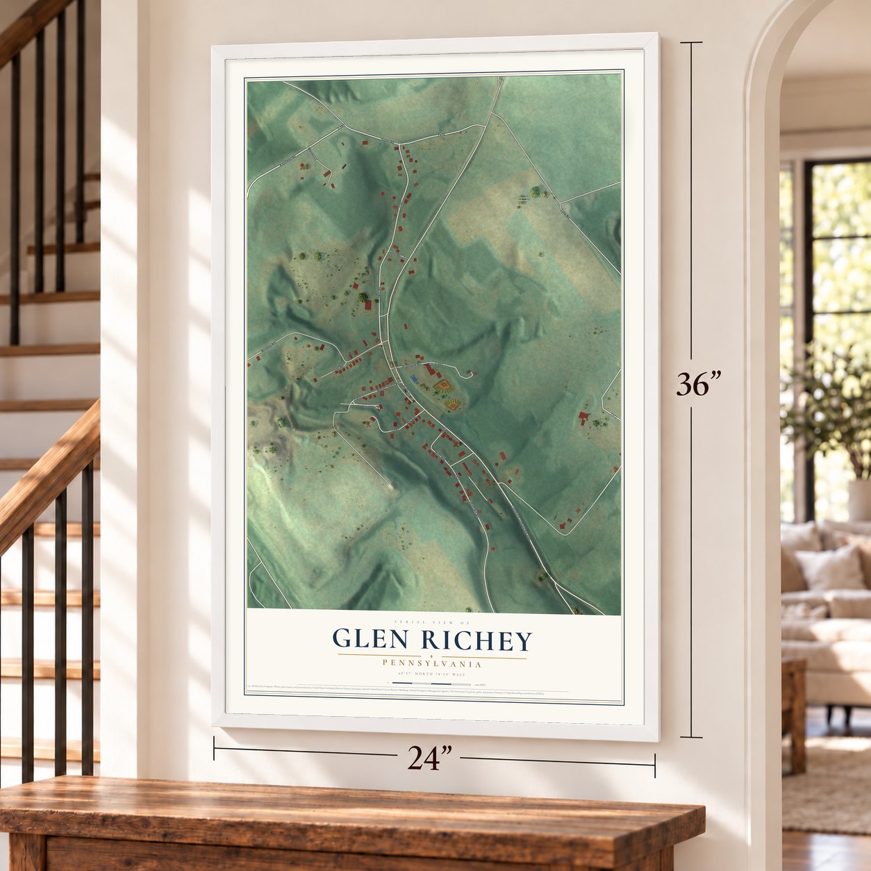 Glen Richey, Pennsylvania map, 24 x 36 inch print in a white frame by a staircase