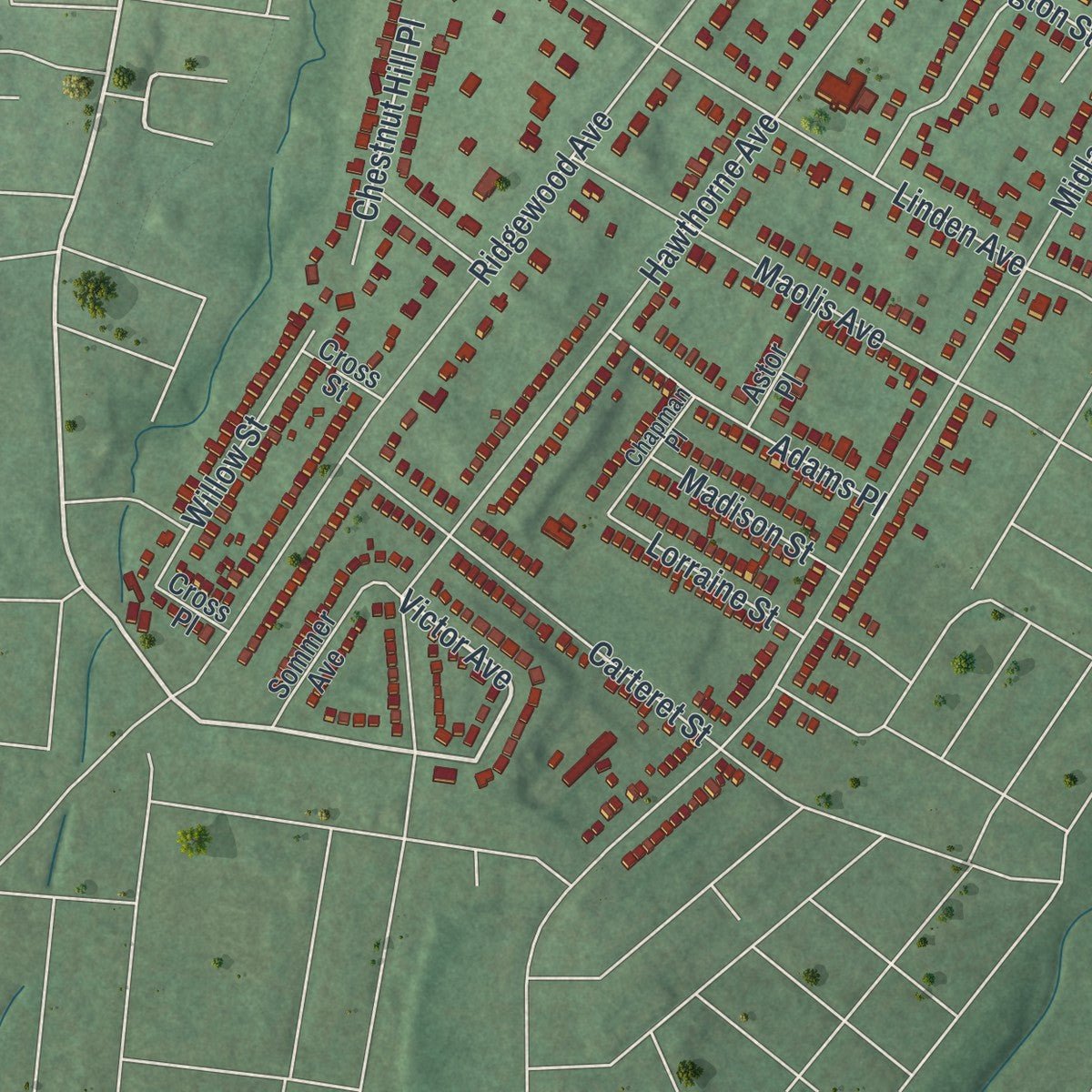 Second close-up of the map of Glen Ridge, New Jersey print showing more streets and buildings