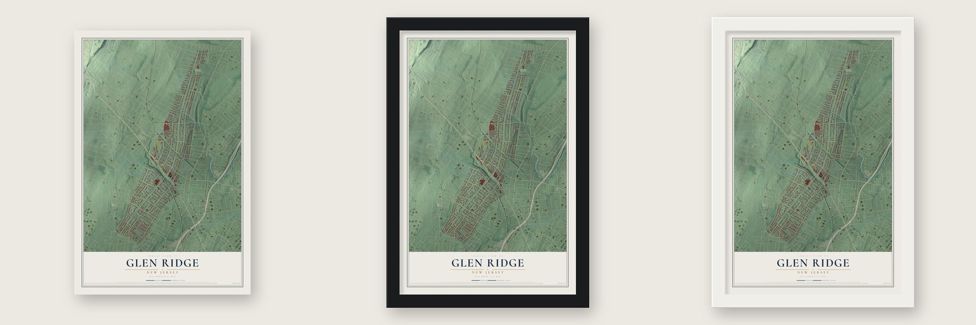 Glen Ridge, New Jersey map unframed, in a black wood frame and in a white wood frame