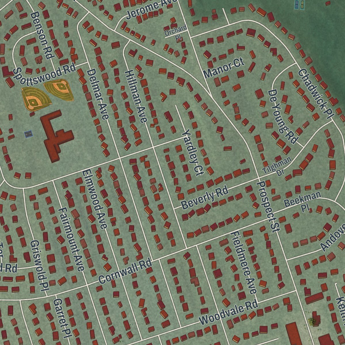 Second close-up of the map of Glen Rock, New Jersey print showing more streets and buildings