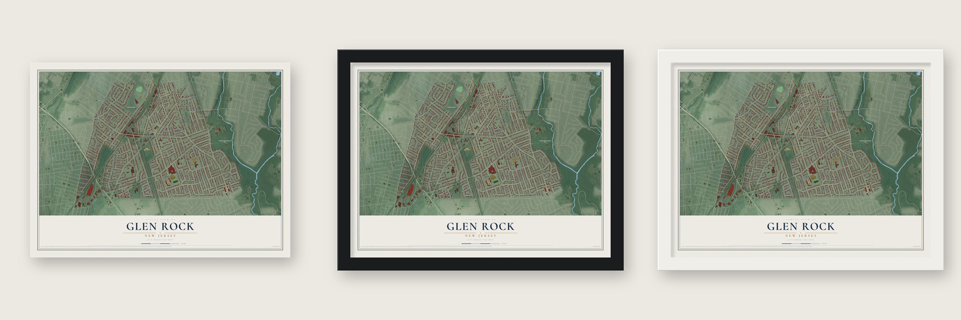 Glen Rock, New Jersey map unframed, in a black wood frame and in a white wood frame