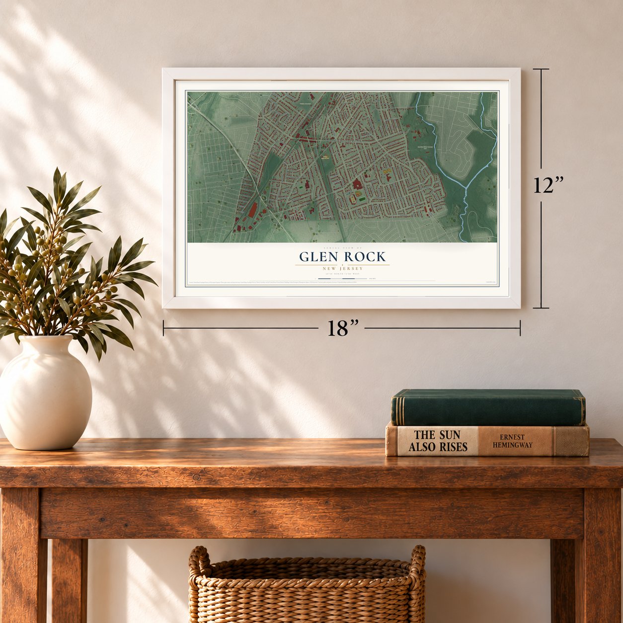 Glen Rock, New Jersey map, 12 x 18 inch print in a white frame in an entryway