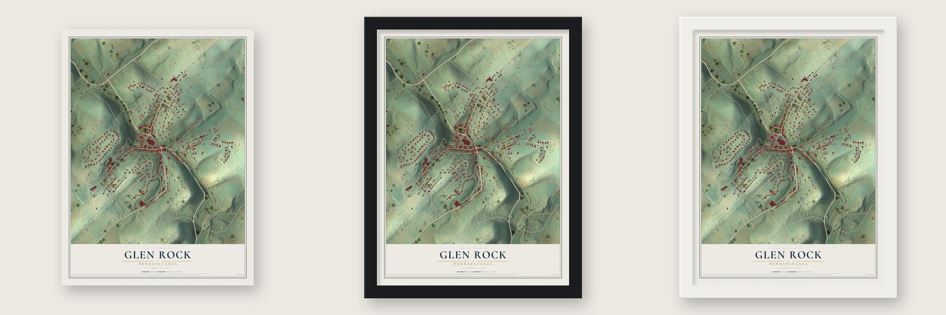 Glen Rock, Pennsylvania map unframed, in a black wood frame and in a white wood frame