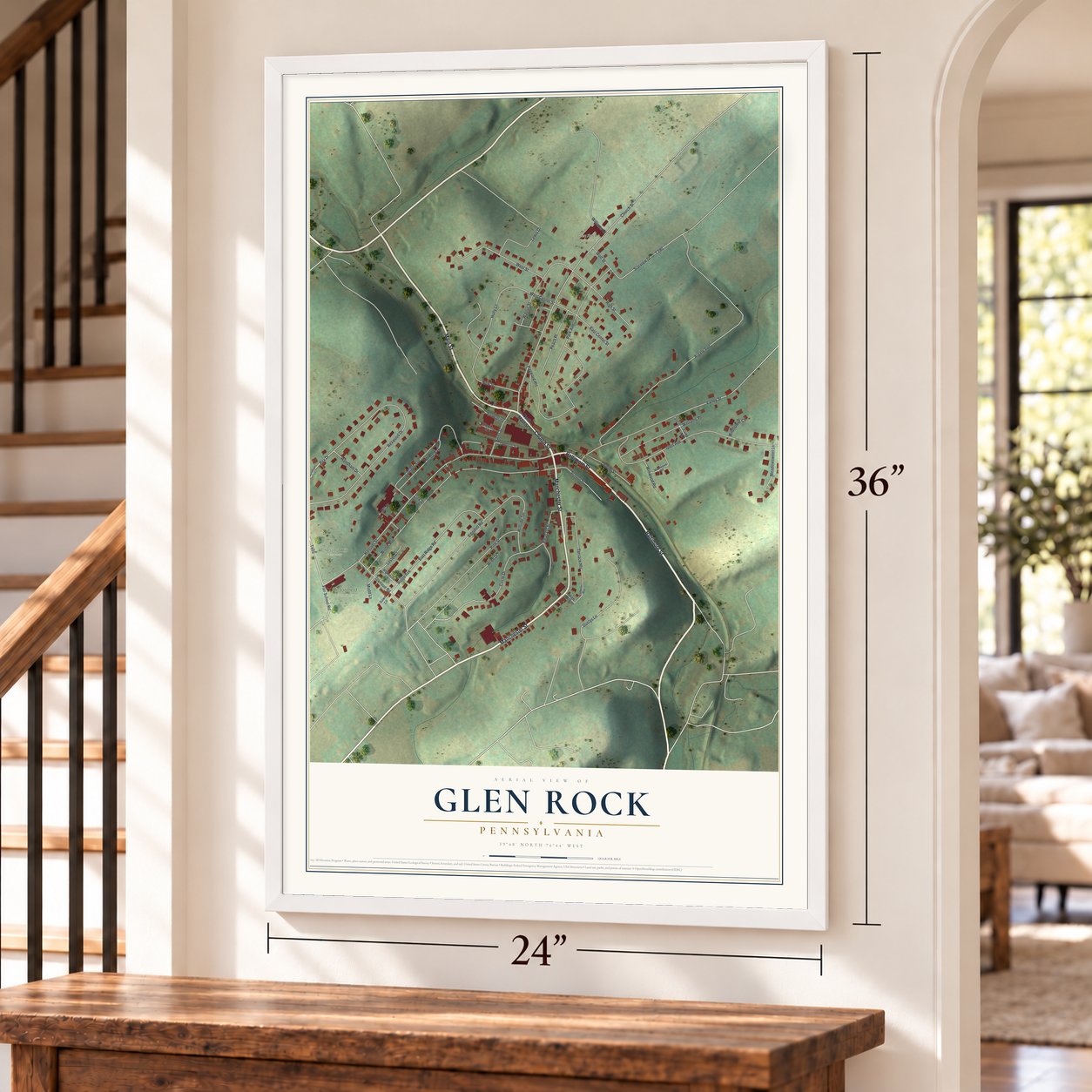 Glen Rock, Pennsylvania map, 24 x 36 inch print in a white frame by a staircase