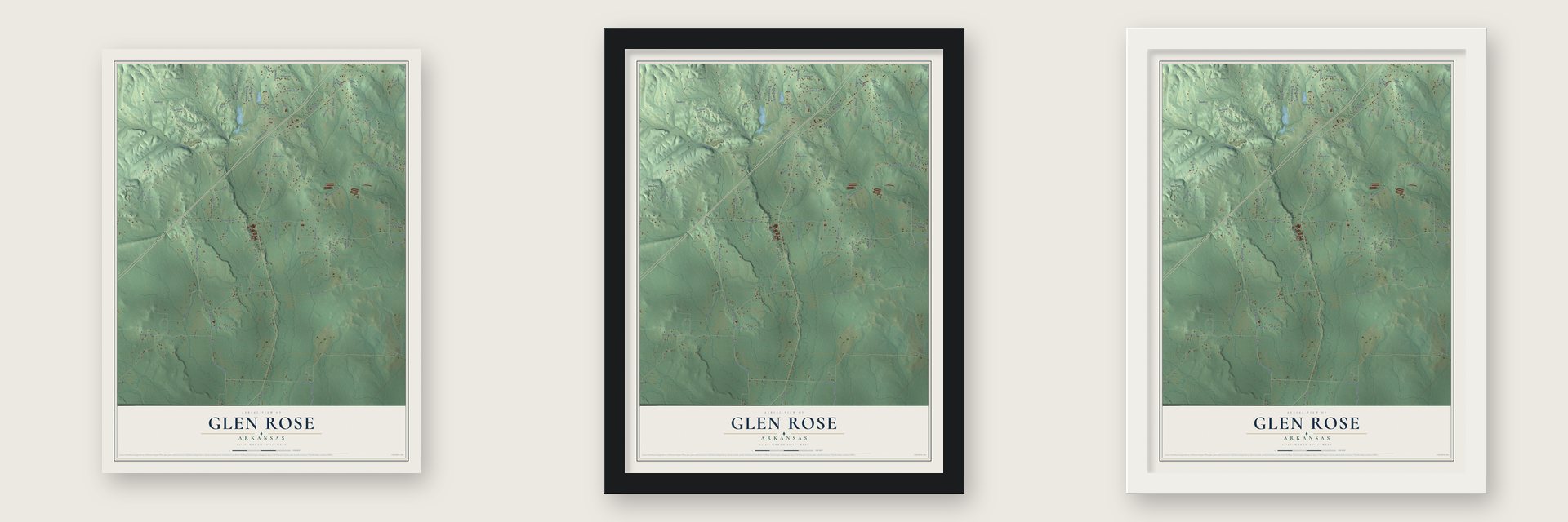 Glen Rose, Arkansas map unframed, in a black wood frame and in a white wood frame