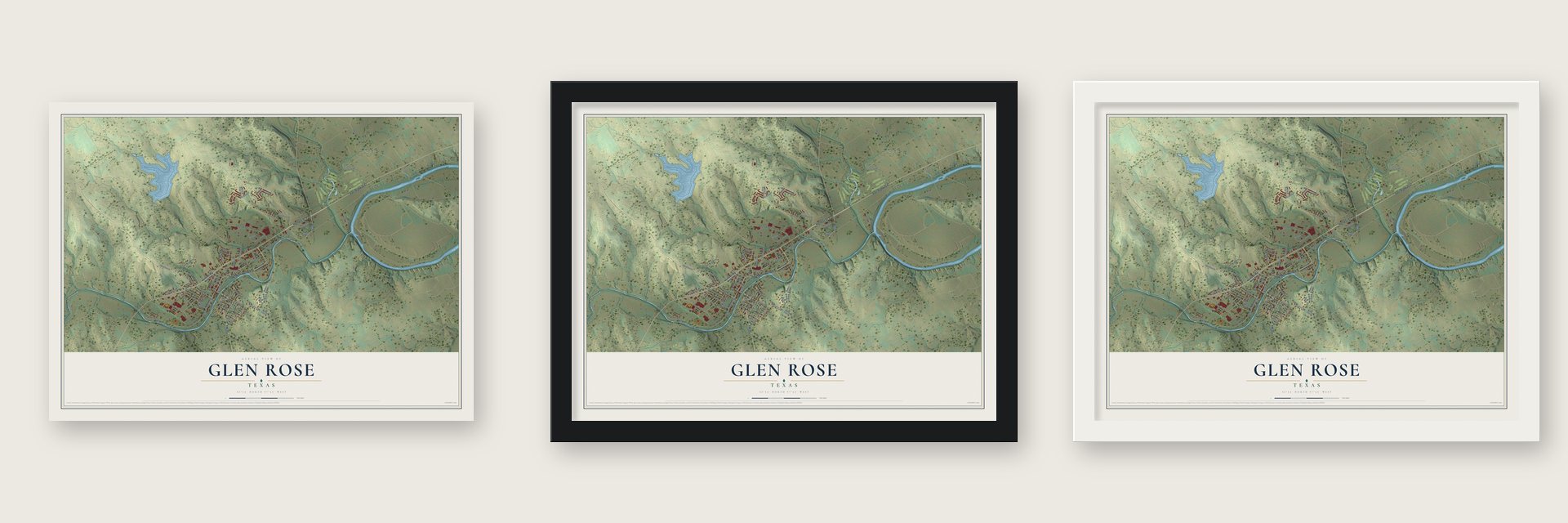 Glen Rose, Texas map unframed, in a black wood frame and in a white wood frame