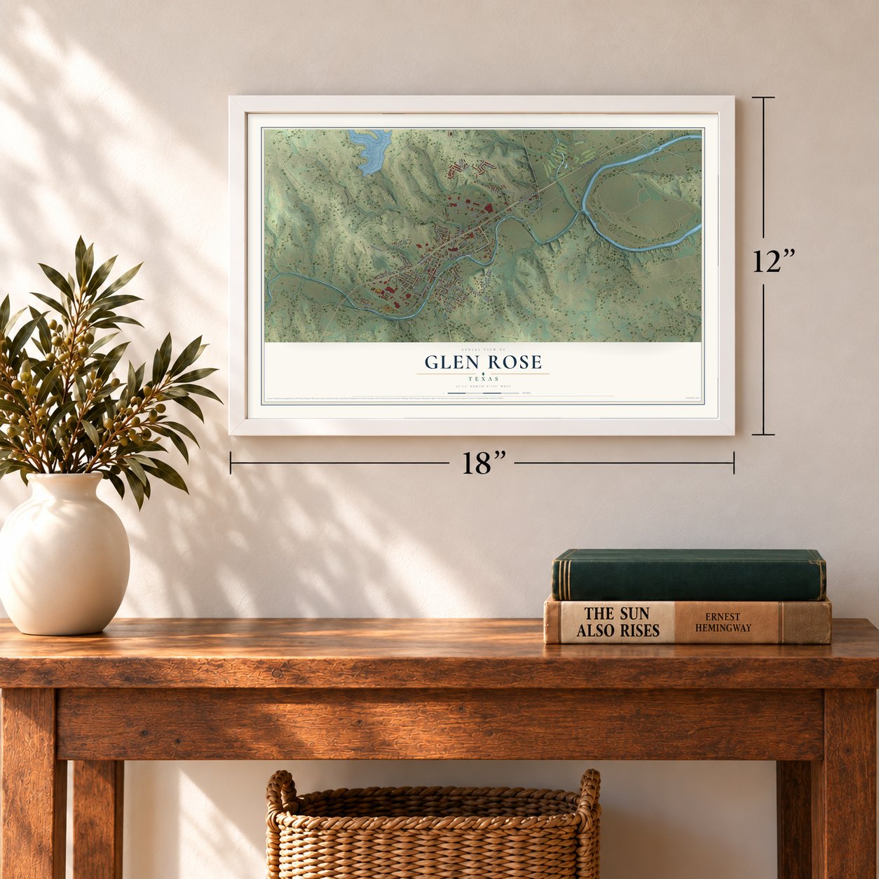 Glen Rose, Texas map, 12 x 18 inch print in a white frame in an entryway