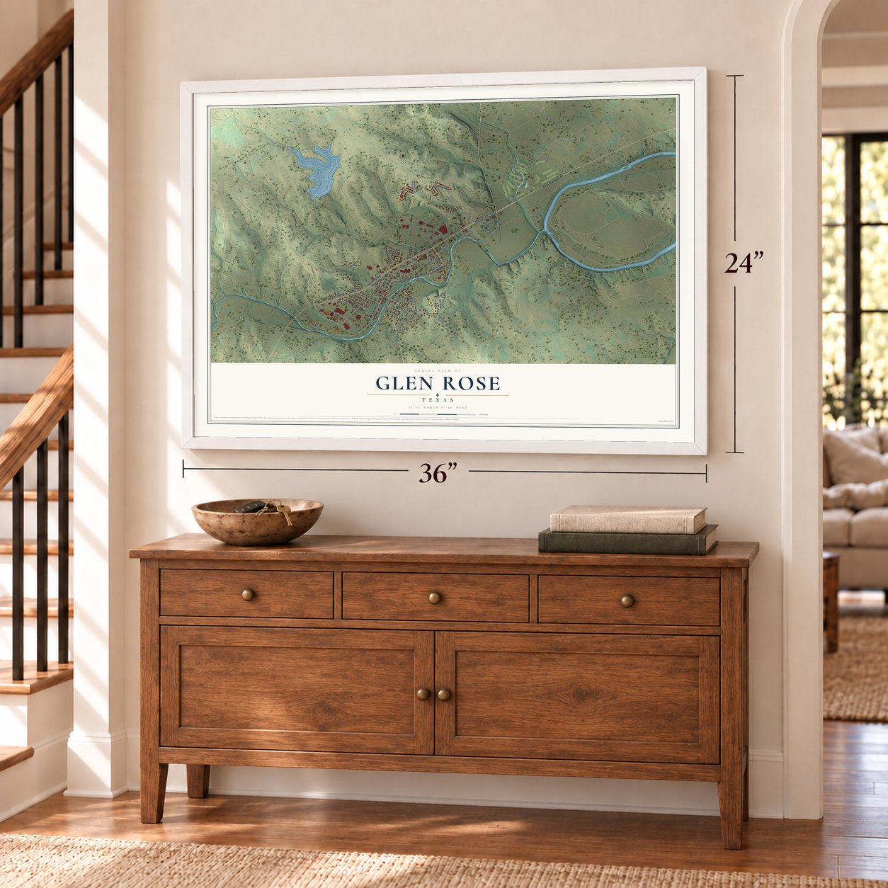 Glen Rose, Texas map, 24 x 36 inch print in a white frame above a dresser by a staircase