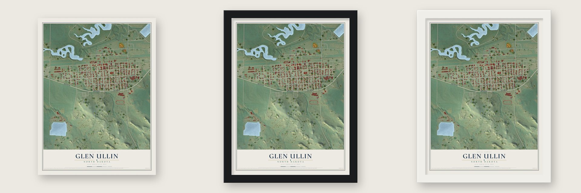 Glen Ullin, North Dakota map unframed, in a black wood frame and in a white wood frame