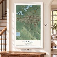Glen Ullin, North Dakota map, 24 x 36 inch print in a white frame by a staircase