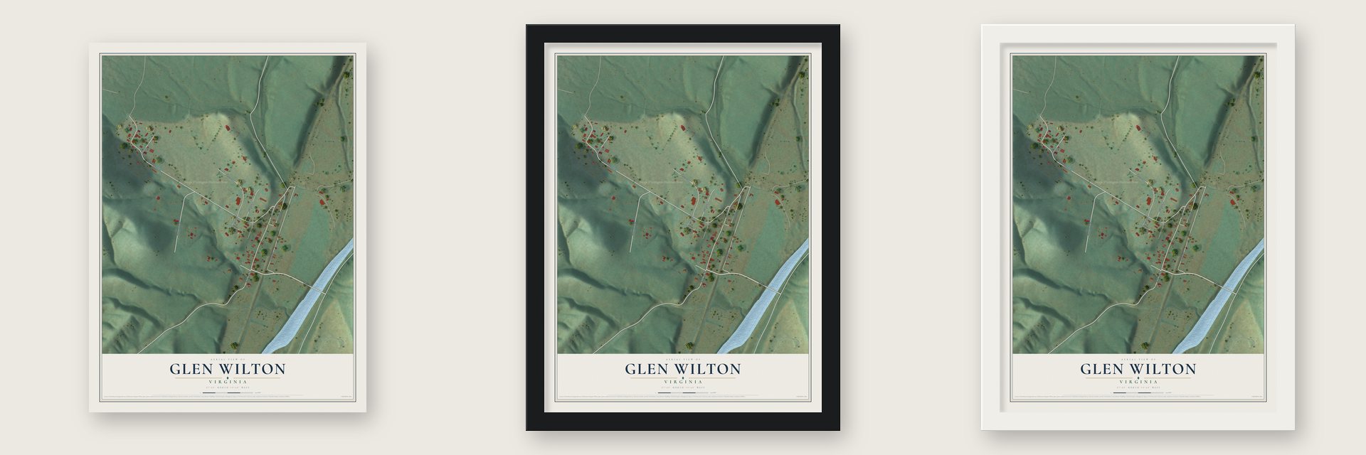 Glen Wilton, Virginia map unframed, in a black wood frame and in a white wood frame