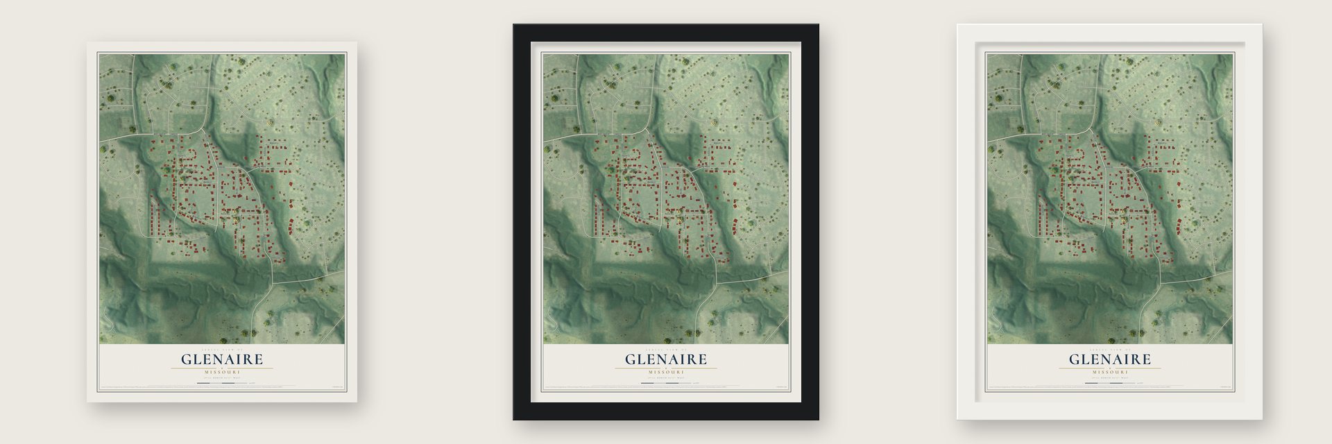 Glenaire, Missouri map unframed, in a black wood frame and in a white wood frame