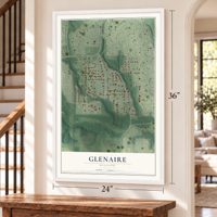 Glenaire, Missouri map, 24 x 36 inch print in a white frame by a staircase