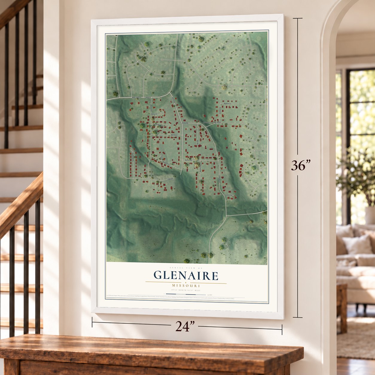 Glenaire, Missouri map, 24 x 36 inch print in a white frame by a staircase